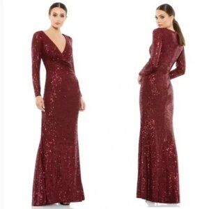 Ieena Mac Duggal 26574 Red Long Sleeve Sequin Faux Wrap Side Slit Gown 2 $398